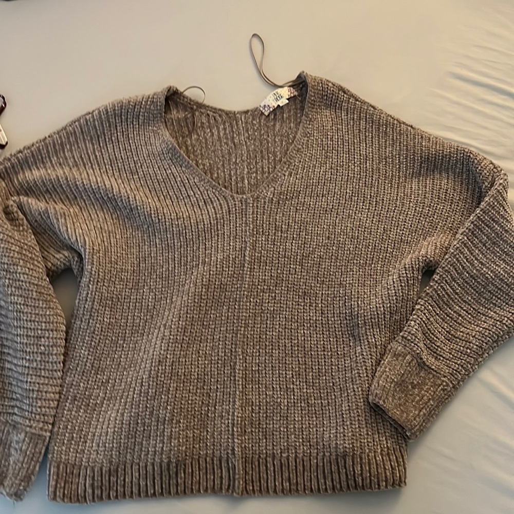 Cool brown knit sweater with v neck. Feels like a blanket. Size M, true to size